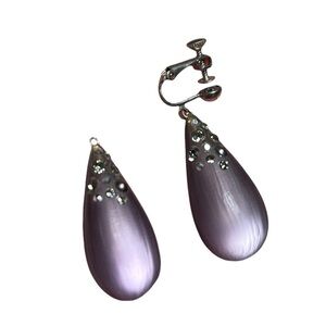 Alexis Bittar purple lucite teardrop earrings rhinestone clip on Missing finding